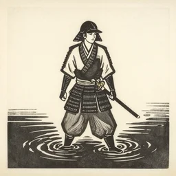 old printmaking woodblock print of a samurai with a katana standing in water with ripples around him, a big sun above. beautiful dark fantasy, 8k detail