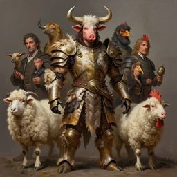 digital painting of joaquin phoenix with an armor made of animals, cow horns, pig nose, sheep wool, chicken feather armor, majestic, by anna podedworna, by miklos ligeti, by diego maricato, by taran fiddler, by antonino truisi, by chris reddie, by jinsung lim, trending on artstation