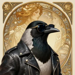 a magpie wearing sunglasses and a leather jacket, photography of kurzgesagt, deep focus, d & d, fantasy, intricate, elegant, highly detailed, digital painting, artstation, concept art, matte, sharp focus, illustration, hearthstone, art by artgerm and greg rutkowski and alphonse mucha