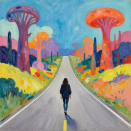 Why am I me when I could have been anyone else? Introspective meandering, a vibrant gouache fantasy painting, walking along the endless road through an unusual biome.