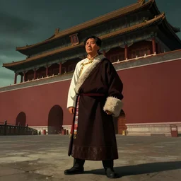 mao zedong standing in front of the forbidden city, sci-fi tibetan fashion, somber, dramatic light, wide angle, dramatic pose, dramatic angle , 8k hdr pixiv by Makoto Shinkai and Wojtek Fus