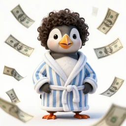 anthropomorphic puffin, striped bathrobe, curly hair, surrounded by floating dollar bills, detailed, intricate, luminescent, elegant, coherent, by mandy jurgens, hannah yata and kay sage, detailed, artstation