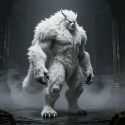 colossus from shadow of the colossus with a white fur, fog, dark, fantasy, clean room, unreal engine, digital art