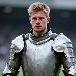 dramatic cinematic artwork close up of Kevin De Bruyne in a suit of armor with a sword, fighting in a battle by Greg Rutkowski, 4k, masterpiece, sun rays