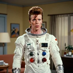 photorealistic medium close shot cinematography of a 1 9 8 1 version of healthy david bowie in a cheesy 5 0's space suit acting as a man from outter space in a twilight zone episode that takes place in mid century modern apartment shot on film by the shining cinematographer john alcott on a cooke panchro 1 8 mm lens.