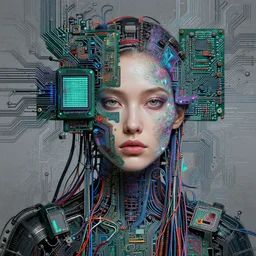 female cyberpunk portrait by cy Twombly and BASTIEN LECOUFFE DEHARME, highly detailed circuit boards, led display, iridescent fractal, integrated wiring, high tech