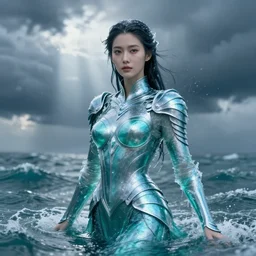 armor made of water, made of liquid, female, rising up from ocean, water armor, high detail, high contrast, close up portrait, studio lighting, stormy seas, beautiful, bokeh, snowy, storm clouds, god rays, d & d, fantasy, elegant, aquamarine color palette, concept art, roger deakins and greg rutkowski and alphonse mucha