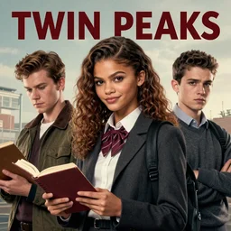 Twin Peaks poster artwork by Michael Whelan and Tomer Hanuka, Rendering of Zendaya!!!!!!!! a high school student solving mysteries, Nacy Drew style, from scene from Twin Peaks, full of details, by Makoto Shinkai and thomas kinkade, Matte painting, trending on artstation and unreal engine