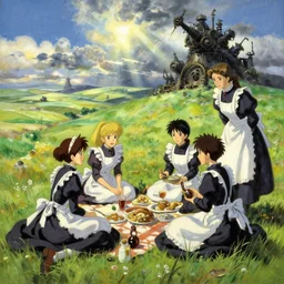 baroque oil painting of anime key visual concept art of anime maids having a picnic in rolling green plains, sunrays breaking through clouds, grimdark steampunk high fantasy, trending on artstation, brush strokes, oil on canvas, style of makoto shinkai and greg rutkowski and studio ghibli