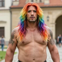 dwayne johnson as long haired rainbow colored hair lgbt rainbow haired obese dirty trans with mascara, looking at the camera, medium shot, trip to legnica, very realistic film still, natural