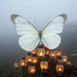 on a misty, on a foggy, overcast morning, a large, glowing white butterfly perched on a pile of lanterns, by craig mullins