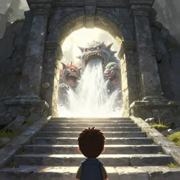 a beautiful illustration of a a first person perspective shot looking up a stone staircase leading to an ancient stone archway that leads to with aaahh!!! Real monsters pouring out of it light by James Gurney and beeple | Time White: .3 | unreal engine
