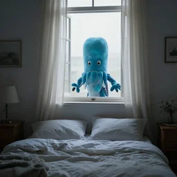 cozy room in the morning, squid monster coming in through the partially open window, photography, scary atmosphere, bed
