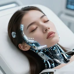 close up photo portrait of sleepy female with cyberpunk robotic mechanic implants with linear bright led lights over face and neck, inside white room, ultra - realistic intricate and detailed, 8 k