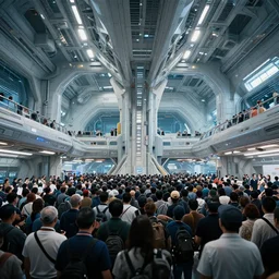 the interior of a futuristic spaceport, large crowd of people in the foreground, by kim jung gi and greg rutkowski, rule of thirds