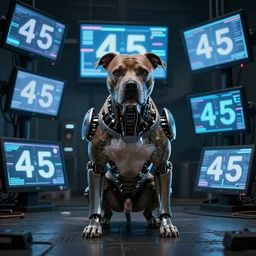 cyborg - pitbull, surrounded by screens, in 4 0 5 5, y 2 k cybercore, industrial low - light photography, still from a kiyoshi kurosawa movie