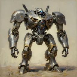 epic painting of a realistic four - legged intricate battle robot, rule of thirds, golden ratio, subject in center of frame, trending on artstation, detailed science fiction matte painting by artgerm and greg rutkowski and alphonse mucha,