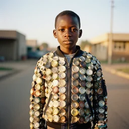 an analogue photo of an African boy wearing a bomber jacket made out of bottle caps , Golden hour light, 35mm, f/1.4,