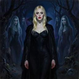 vampire Elle Fanning in black robes at night in the world of Edward Hopper, cult, occult, ghosts, extremely detailed masterpiece, oil on canvas, low-key neon lighting, artstation, Blade Runner 2049, Roger Deakin’s cinematography, by J. C. Leyendecker and Peter Paul Rubens,