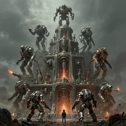 airbrush of 4 character, tiered flayed god machines, cluster tiered heirarchy, battle chaos, mainframe hydrocracking battles, medical chromed, dystopian, by wayne d barlowe, syd mead, geof darrow, hyper realism, narrative light, muted colors, epic, hyper detailed, awe inspiring, award winning horror, torch lighting, hyper realism, cinematical