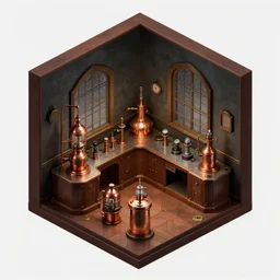dark isometric indoor vintage laboratory with copper equipment in a cubic room with victorian