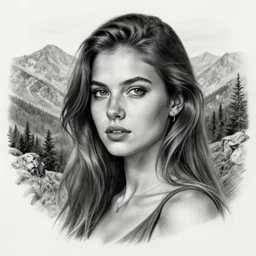 a beautiful girl portrait in amazing nature and mountains, realism tattoo, in the style of den yakovlev, black and white, faded drawing, hyper realistic, highly detailed