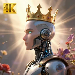 portrait of an ai robot king wearing a crown profile view portrait 4 k digital art 3 d render octane render, anime, two dimensional, looking to the side, flowers, eerie, trending on artstation, artstation, high detail, god rays, sunray, diffusion, disollution,
