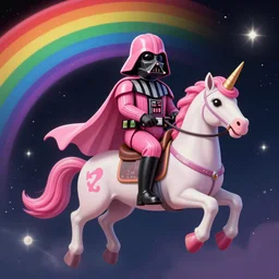 beautiful matte painting of a pink darth vader wearing pink riding a unicorn over a rainbow in space by lisa frank, unreal engine, concept art, CGsociety, trending on artstation