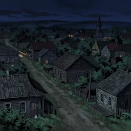 an empty old ukrainian town in an anime horror style at night