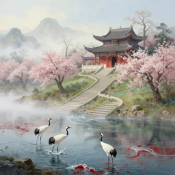 a gorgeous landscape painting by barlowe wayne maxfield parrish and marco mazzoni. spring morning. chinese temple. he winding steps. three cranes splashing in the water. ultra clear detailed. 3 d, octane render. turbulent blood lake. fog