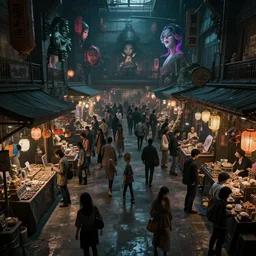 a cyberpunk dark marketplace with heavy asian stylistic influences. the market place is where people come to buy and sell their dreams. people are reveling in the delight of experience the highly surreal dreams of others. concept art, artstation, cinematic lighting, highly detailed, 8 k, sharp render