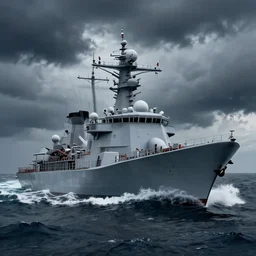 aircraft destroyer In a a ocean storm, dramatic lighting, cinematic, establishing shot, extremly high detail, foto realistic, cinematic lighting, post processed, concept art, artstation, matte painting, style by eddie mendoza, raphael lacoste, alex ross