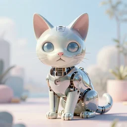 a modern cybernetic cat made from porcelain and steel, insane reflexions, pastel colored, daylight, peaceful, 8 k, octane render