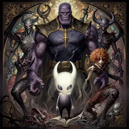 the platonic ideal of hollow knight of cletus kasady ultimate carnage thanos dementor doctor manhattan chtulu nazgul, detailed, intricate, hyperrealism, intense, scary, decay, dmt, art by brock hofer and artgerm and greg rutkowski and alphonse mucha