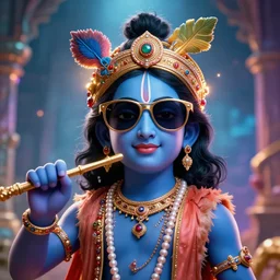 a breathtaking caricature of krishna wearing sunglasses, zoom out, immersive digital art experiences, glowing lights, magic details, by moebius, edward hopper, james gilleard, and james jean, hd, 8 k, trending on artstation, uhd,