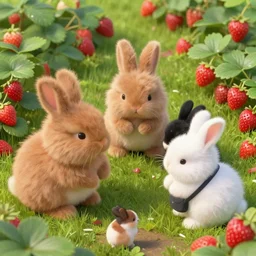 fluffy brown, black, white bunnies playing in the strawberry garden, lowbrow, matte painting, 3 - d highly detailed, style of greg simkins