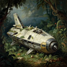 surreal painting of crashed egyptian spaceship overgrown by jungle, soft grainy bloom lucid dream - like atmosphere, harsh flash photo at night, baroque painting, perfect composition, detailed octane render trending on artstation, 8 k artistic photography, volumetric cinematic perfect light, chiaroscuro, masterpiece, raphael, caravaggio, beksinski, rutkowski, beeple