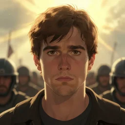 cinematic close up artwork of a man in his twenties with brown hair, brown eyes and a small chin looking solemn as he realizes he is outnumbered and surrounded by an enemy army by greg rutowski, 4 k, masterpiece, sun rays