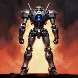 metal gear mech, full shot, backlit, grainy, moody, saturated, poster art, 1 9 8 7, by drew struzan