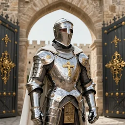 man looking forward in iron decorated with gold baroque style christian crusader plate armor, cylindrical crusader great helm covering all his head and white cape covering most of his body standing at the gates of jerusalem drawn by greg rutkowski realistic high detail