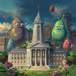 a wholesome animation key shot of giant microbes attack city hall, by studio ghibli, animation, sharp, rendered in unreal engine 5, focused, anime key art by greg rutkowski, bloom, dramatic lighting