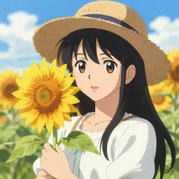 anime girl wearing straw hat holding a sunflower, detailed digital art, key anime visual