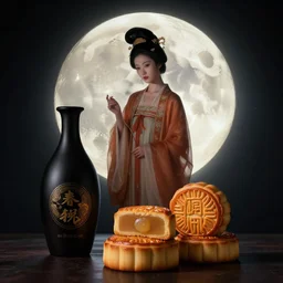 mid - autumn festival, moon, goddess named chang e on the moon, wine bottle, mooncake, surreal, dramatic light, by victo ngai, by james jean, by rossdraws, frank franzzeta, mcbess