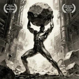 muscular cyberpunk man lifing a boulder, Industrial Scifi, detailed illustration, Chiaroscuro, concept art, by Martin Grip and Moebius
