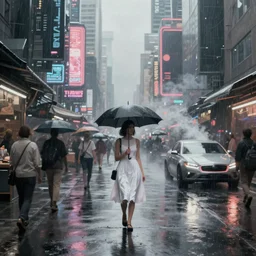 girl wearing white dress holding umbrella in a busy market in a futuristic new york city, ghostpunk, neon advertisements, blade runner, fog, steam rising from street, futuristic car with bright neon lights, rain falling, highly detailed, smooth painting, muted colors, asymmetrical composition, directed by andrei tarkovsky, by tsutomu nihei, by greg rutkowski