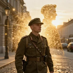 a German soldier minding his own business while DallE 2 begins morbing behind him, resplendent scintillating radiance of the golden hour