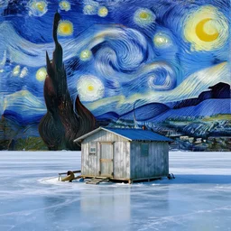 an ice fishing hut on a frozen lake, in the style of vincent van gogh, starry night