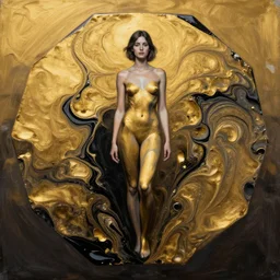 liquid marble acrylic fluid paint, portrait, golden and black liquid materials, abstract art, beautiful female model standing, octadecahedrals, semi realism, surreal