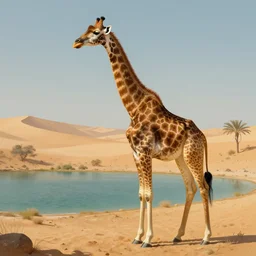 a majestic mystical giraffee next to a lake in the desert. highly detailed, intricate, matte painting, concept art, trending on art station, by greg rutkowski.