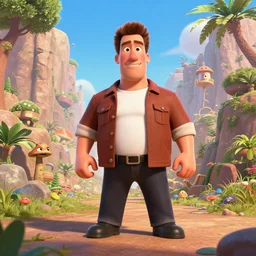 a poster of a 3d animated pixar film starring a cartoon Arnold Schwarzenegger going on an epic quest, wide angle